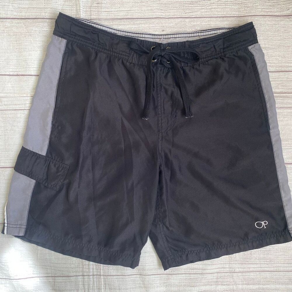 OP men S mesh lined swim shorts w/front tie black & grey